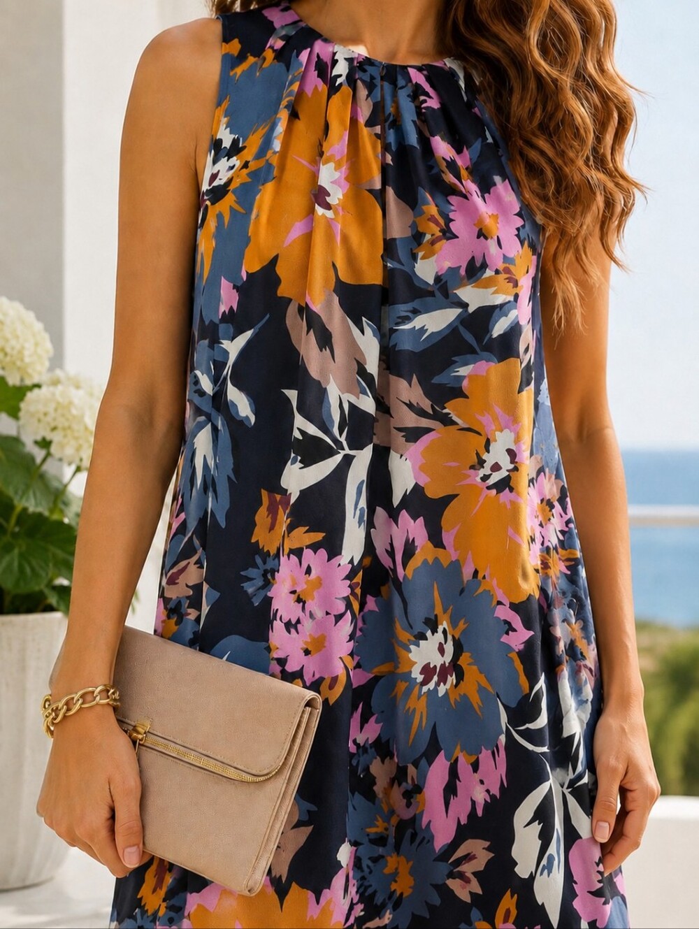 H&M Floral Pleated Shift Dress Navy Blue Pink Mustard Lined Sleeveless M